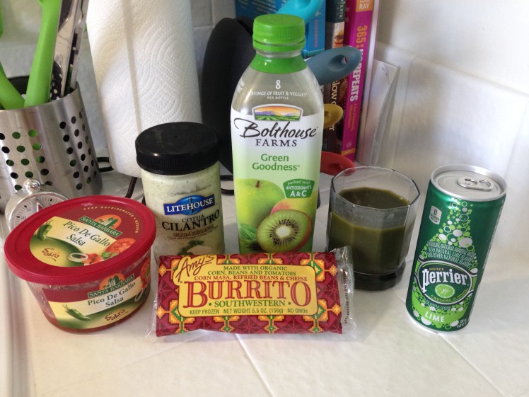 quick eats, healthy eating, healthy meals, healthy meal ideas, bolthouse farms green goodness, perrier, amys organic burrito, amys organic, amys southwest burrito