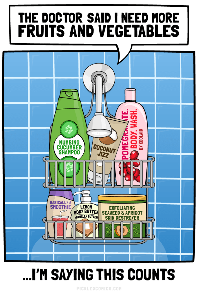 one full serving, pickled comics, pickled comics shower, shower comics, beauty blogger comics, beauty blogger humor, beauty humor, mike royer